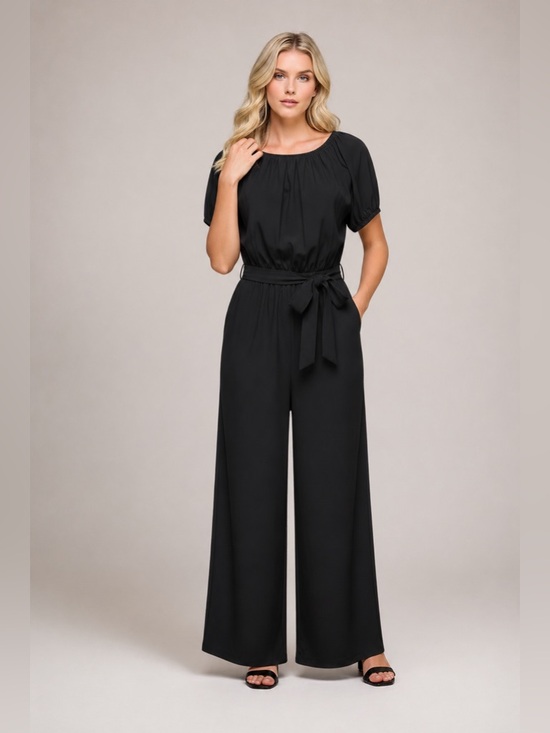 Mandalay and Company Pants - MIDNIGHT CLINCH PUFF SLEEVE ELASTIC WAIST WIDE LEG JUMPSUIT